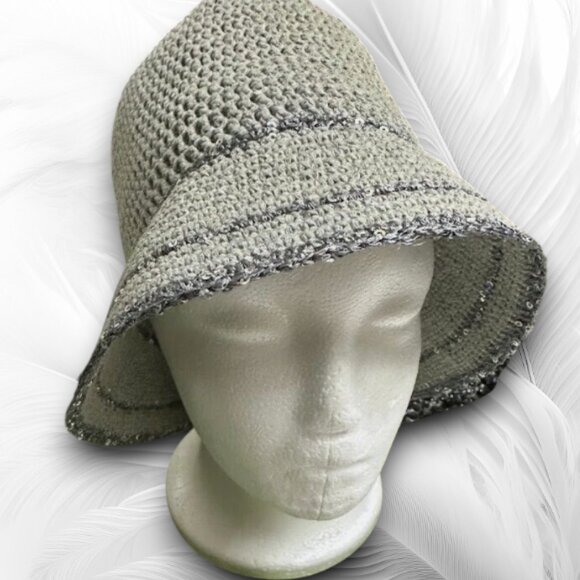 Handmade Crochet Gray Bucket Hat with Sparkling Sequin Trim - Picture 2 of 9